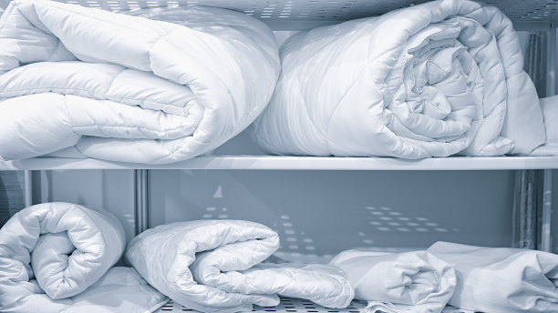 衣柜内有白色浴袍和衣架，酒店房间有毛毯和毛巾。酒店衣柜里衣架和浴袍的特写。图片下载