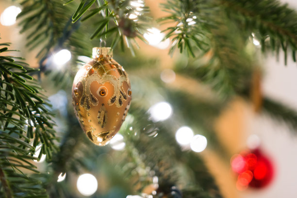 明亮的装饰品挂在圣诞树上图片下载