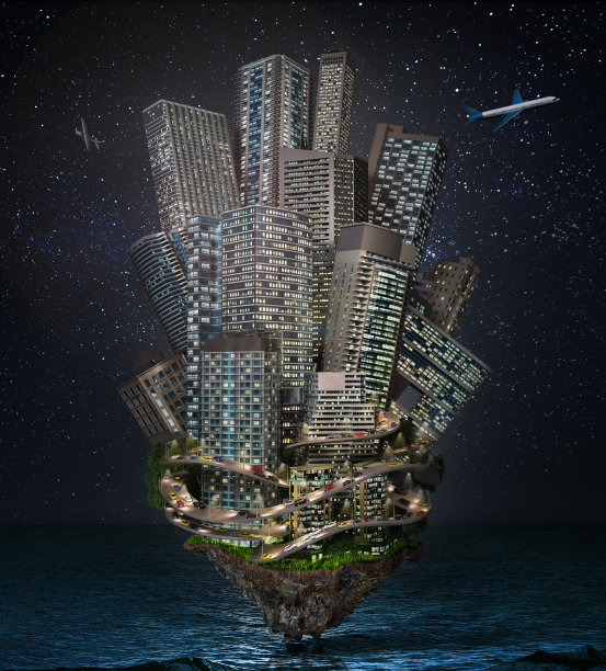 特大城市。摩天大楼紧挨着这座岛。三维演示图片下载