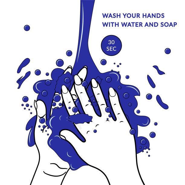 用水和肥皂洗手。30秒洗手。矢量插图孤立在白色背景。个人卫生。消毒、皮肤护理。抗菌洗手图片下载