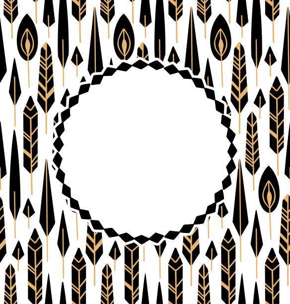 垂直卡与部落纹理与黑色波西米亚羽毛和黄金土著装饰在行和地方的文本在白色背景。矢量平面贺卡图片下载