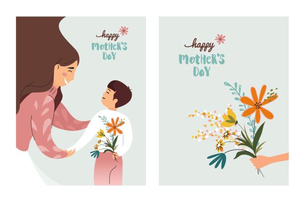 矢量插图的快乐母亲收到鲜花从她的儿子。图片下载