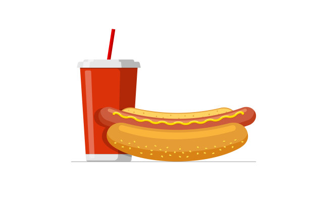 红色一次性纸杯与饮用吸管汽水或果汁鸡尾酒和卡通快餐热狗。热狗香肠面包小圆面包和新鲜饮料设置平面矢量插图图片下载