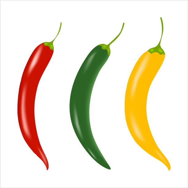 白色背景上放着三个五颜六色的辣椒荚。红色，绿色和黄色图片下载