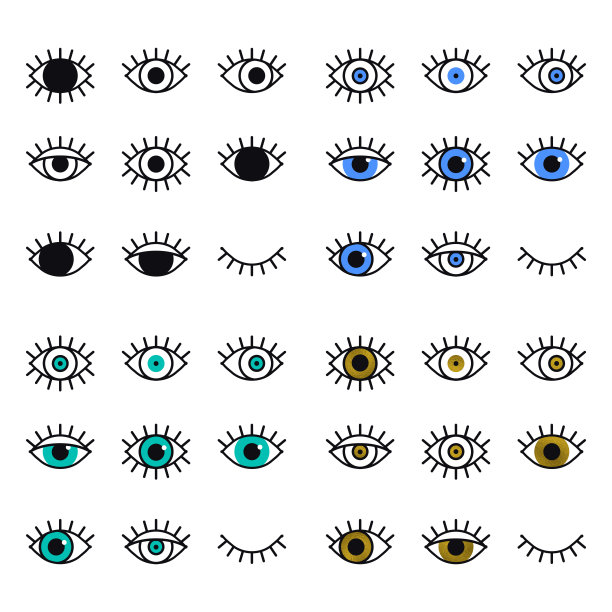 睁开和闭上眼睛的线条图标设置在白色背景上。看，看，看，看标志和符号。向量线性图形元素。光学和搜索主题在最小的设计风格。眼睛和睫毛。图片下载