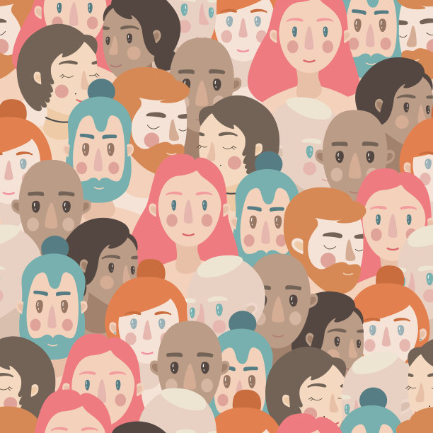 和一群不同种族，不同肤色的年轻男女混在一起。背景与卡通人物。图片下载