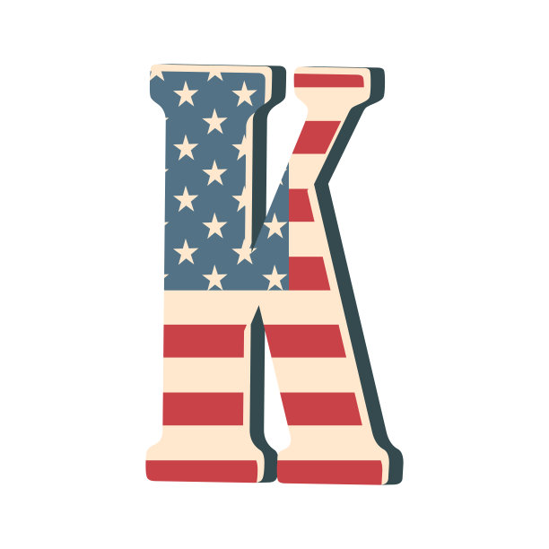 大写3d字母K与美国国旗纹理隔离在白色背景。矢量插图。为设计元素。孩子字母表。图片下载