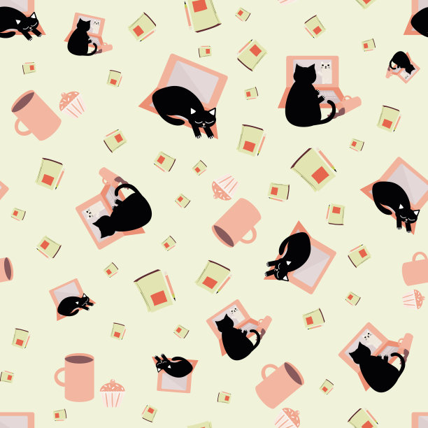 可爱的卡通笔记本电脑和猫矢量无缝图案背景。黑猫，笔记本和咖啡杯薄荷绿色的背景。趣味商务办公室设计。所有的打印从家里工作的概念图片下载