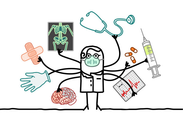 多任务处理卡通医生与许多手臂和医疗物品图片下载