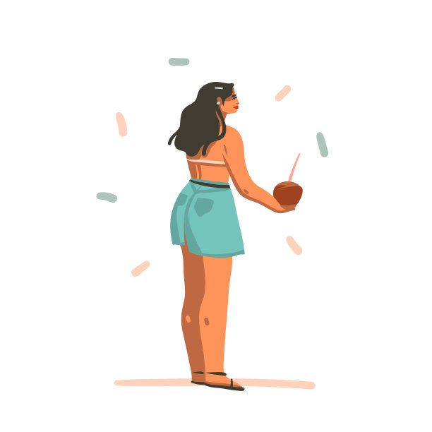 手绘矢量抽象股票图形夏季时间插图与年轻的微笑女性，手持椰子鸡尾酒孤立在白色的背景图片下载