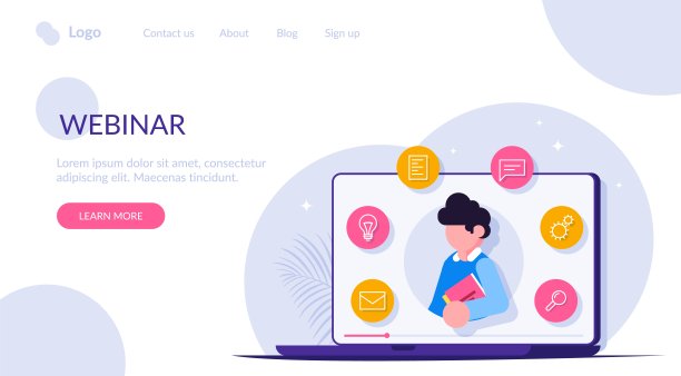 网络研讨会，在线会议，网络研讨会。远程学习方法。笔记本电脑屏幕上的那个人。现代平面矢量插图。图片下载
