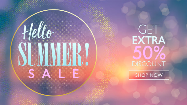 你好夏季设计概念。夏季销售营销设计横幅。日落海滩背景与散景。矢量图模板。图片下载