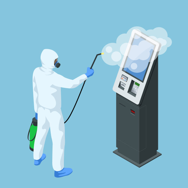 身穿防护服的等长男子，用喷枪对在线支付系统和自助支付终端进行消毒。病毒大流行COVID-19。预防新型冠状病毒病。图片下载