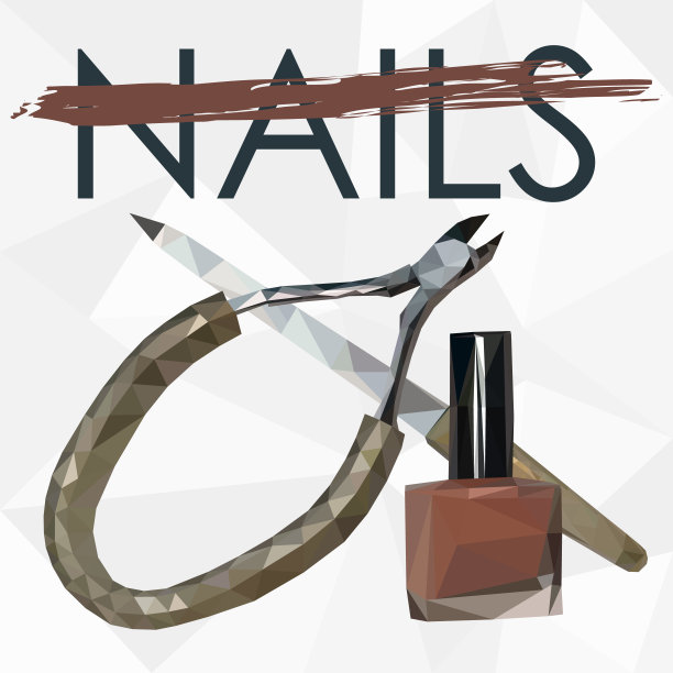 低聚集合集美甲配件向量-美甲工具，指甲剪刀，指甲油。从三角形多边形绘制的美甲集的矢量图形。图片下载