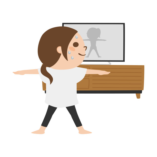 图示:一个女人在家一边锻炼一边看电视。图片下载