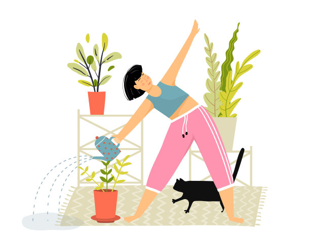 有趣的角色做瑜伽健身和浇花与猫。女孩做运动在花园漫画卡通。图片下载