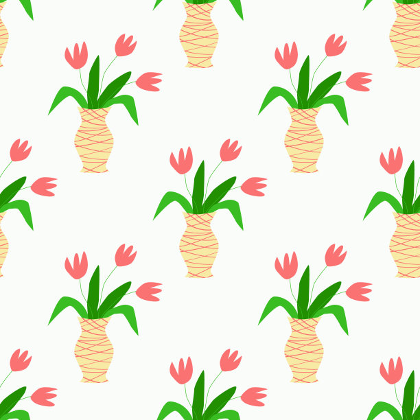 无缝图案的粉红色郁金香花束在一个花瓶。图片下载