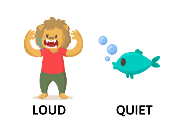 文字安静和大声的抽认卡与卡通动物人物。相反形容词说明卡片。平面矢量插图，孤立在白色背景上。图片下载
