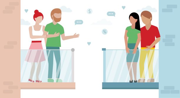 说明概念冠状病毒COVID-19。两对夫妇在阳台上交流互动。图片下载