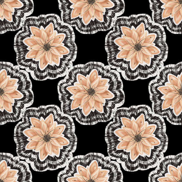 无缝图案与橙色花和黑色和白色的线绘制在一个黑暗的背景图片下载