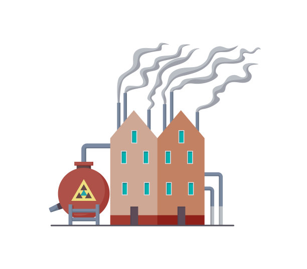 工厂或电厂平面设计矢量插图。制造业、工业建筑、炼油厂或核电站。建筑大型工厂或工厂的管道烟雾图片下载