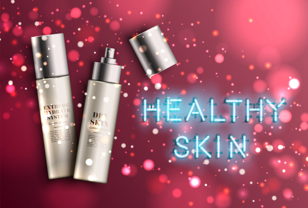 高细节的保湿瓶与霓虹灯“健康肌肤”标志，矢量插图图片下载