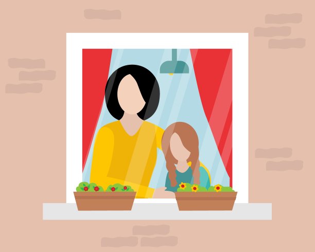 呆在家里的概念。房子正面与窗户和母亲和女孩看公寓外。流行病期间的自我隔离图片下载