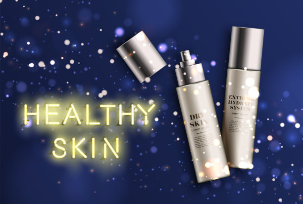 高细节的保湿瓶与霓虹灯“健康肌肤”标志，矢量插图图片下载