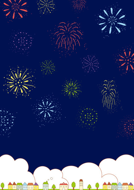 手绘的城市和天空中的烟花图片下载