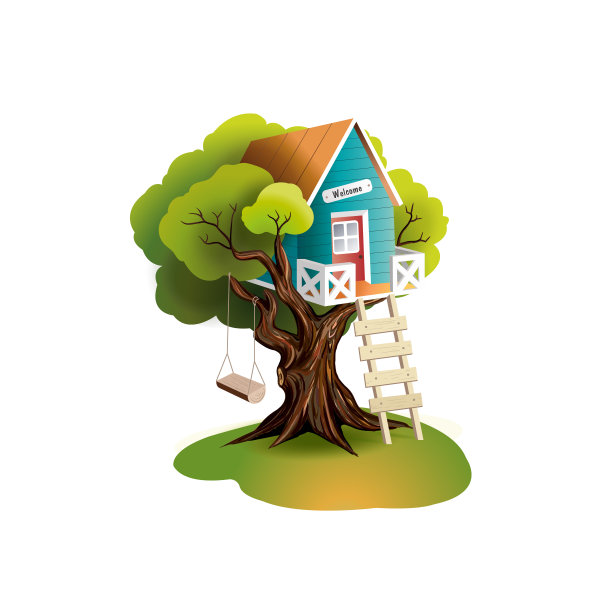 树上的房子。卡通的房子。图片下载