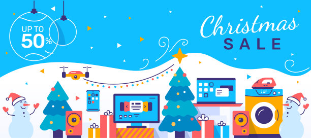 矢量插图的一套家用电器在冬天的背景与圣诞树和快乐的雪人。销售家用电器。图片下载