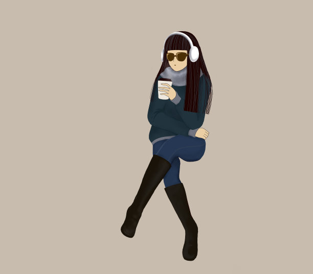 孤立的年轻女孩坐着，拿着一杯热饮，数码画嬉皮士风格的女孩人物留着长发，穿着冬装喝着咖啡，插画图片下载