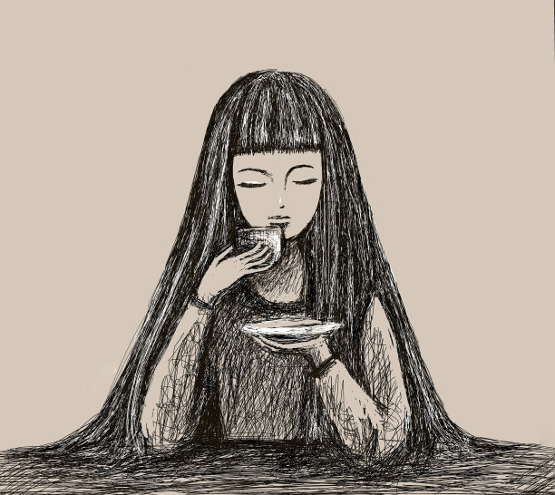 一个年轻美丽的亚洲女人喝咖啡或茶的肖像，黑色和白色的亚洲女孩阿凡达在木刻风格。图片下载