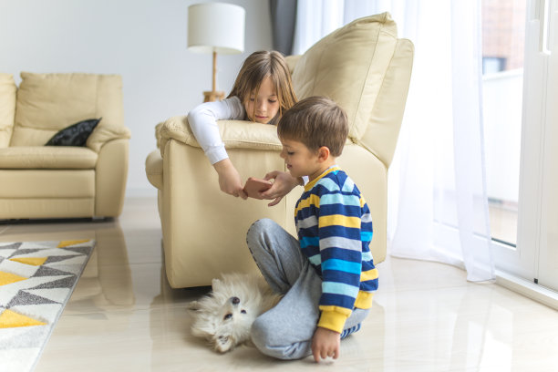 可爱的小男孩放松与他的妹妹和他们的狗在家里库存照片图片下载