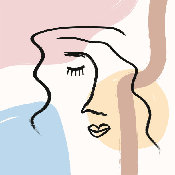 用毛笔画的女性肖像速写。时尚的水彩拼贴。矢量插图。素材图片