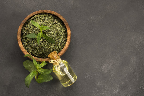 玻璃瓶薄荷精油与新鲜的绿色薄荷叶和干薄荷在乡村背景图片下载