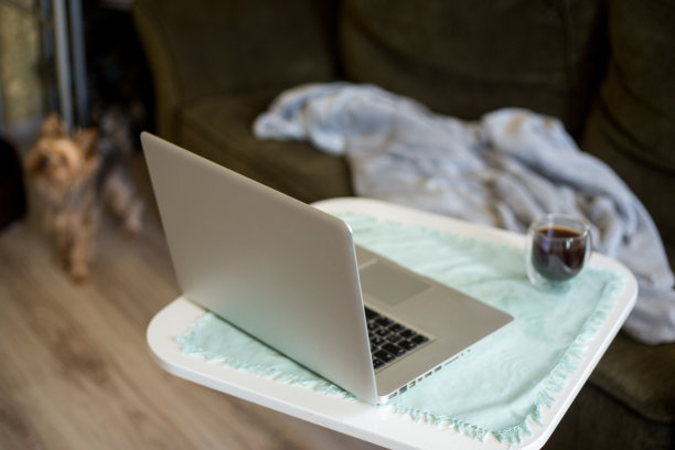 笔记本电脑和咖啡放在家里的桌子上。隔离期间在家工作。背景是约克夏犬的剪影。图片下载