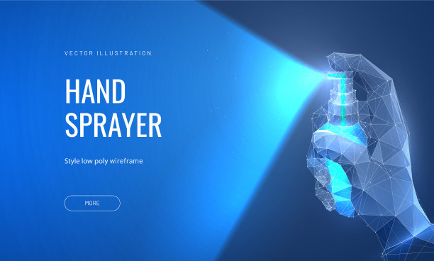 手按消毒杀菌剂。低聚线框风格。消毒观念，预防病毒感染。多边形抽象孤立在蓝色背景。矢量图图片下载