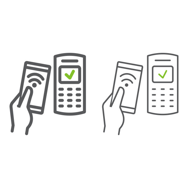 移动支付使用智能手机彩色线条图标，银行和支付，非接触式终端支付标志，矢量图形，白色背景上的线性图标，每股收益10。图片下载