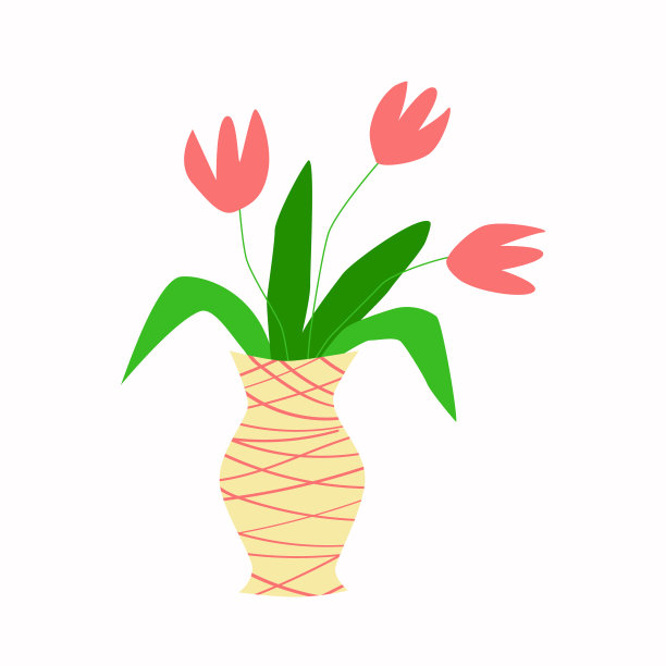 一束三朵粉红色的郁金香，插在一个黄色的花瓶里，带有条纹图案图片下载