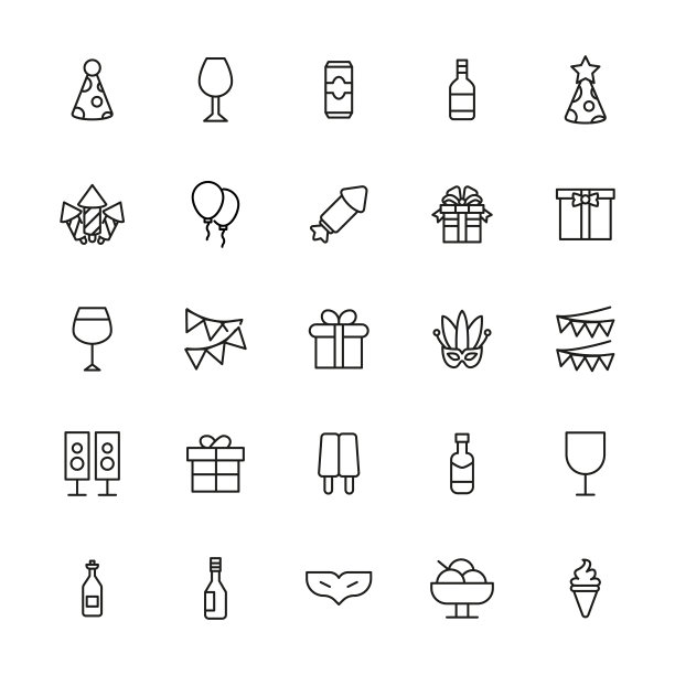 简单的一套夜派对现代细线图标。图片下载