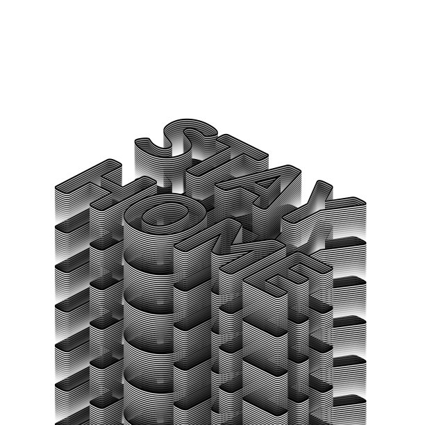 呆在家里3D文本。居家隔离、隔离，防止病毒流行。3D文字在黑白条纹，孤立在白色背景。3 d渲染。光栅。图片下载
