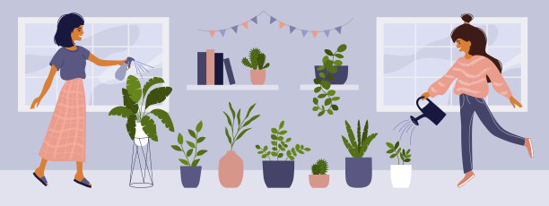 收集室内植物和女孩照顾家花园素材图片