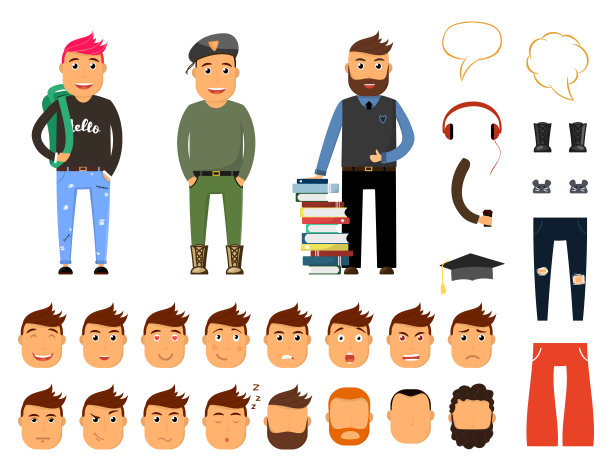 创造一套英俊的年轻人性格。军人，学生，科学家男性。各种各样的面孔和情绪。矢量插图。图片下载