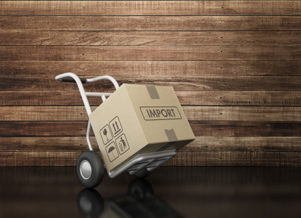 手动卡车和纸板箱与进口标签在黑板上- 3D渲染图片下载