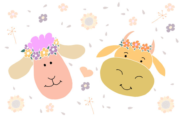 可爱的家畜——牛和羊。卡通风格。矢量图图片下载