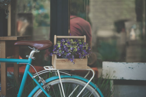 复古场景的自行车与软焦点的假紫色花在后座上。图片下载