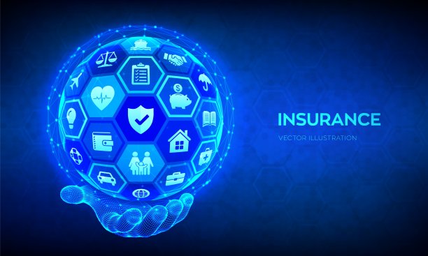 保险服务的概念。汽车、旅游、家庭、房地产、教育、知识产权、金融和健康保险。抽象的3D球体或带有图标的球体。矢量插图。图片下载