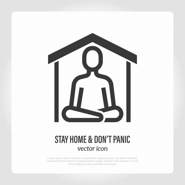 待在家里不要慌，预防冠状病毒传播。冥想在家里。细线图标。矢量插图。图片下载
