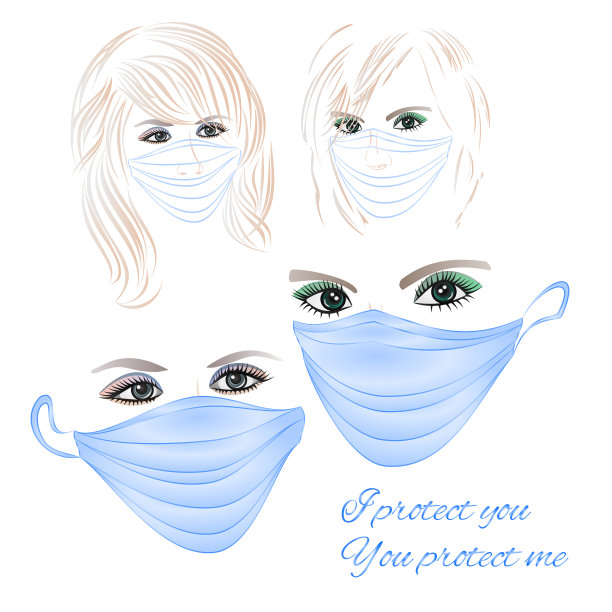 妇女戴防护医用口罩防护新冠病毒、城市空气污染、雾霾、蒸汽、污染物气体排放设置三个矢量图可编辑图片下载